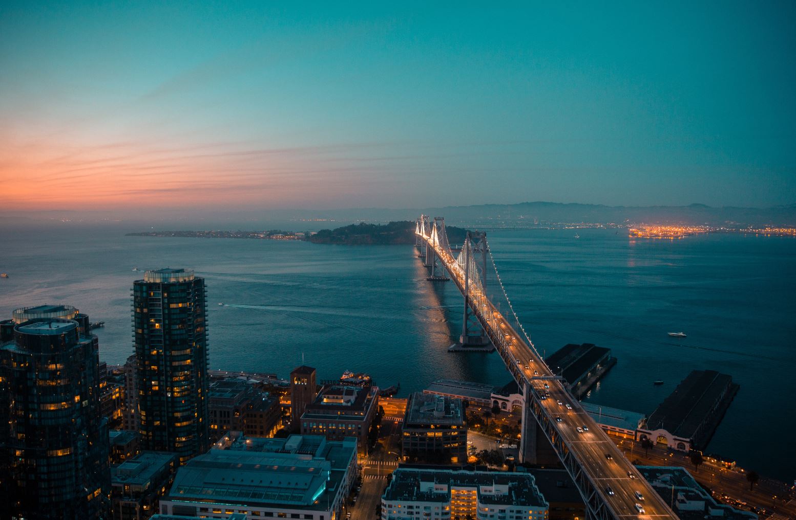 San Francisco-Oakland Bay Bridge at dusk