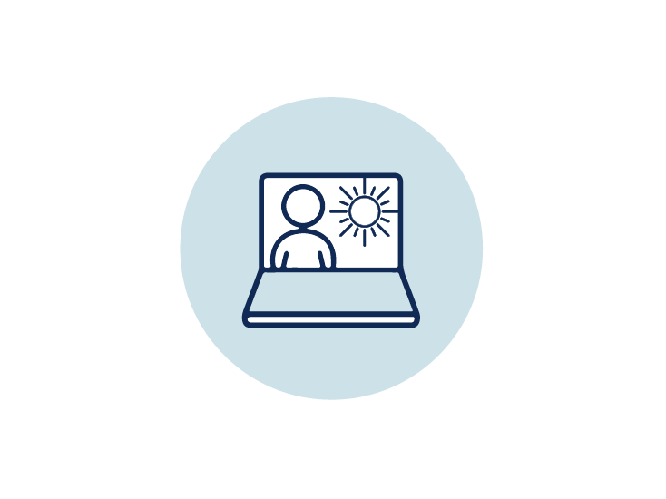 Icon of a laptop with a person symbol next to it, accompanied by a sun icon, representing mental well-being