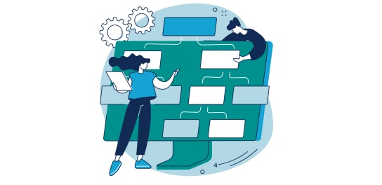 Illustration of professionals arranging flowchart blocks