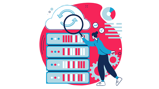 An illustration of a lady using a zooming tool to analyze cloud data on a digital screen, surrounded by floating charts and graphs