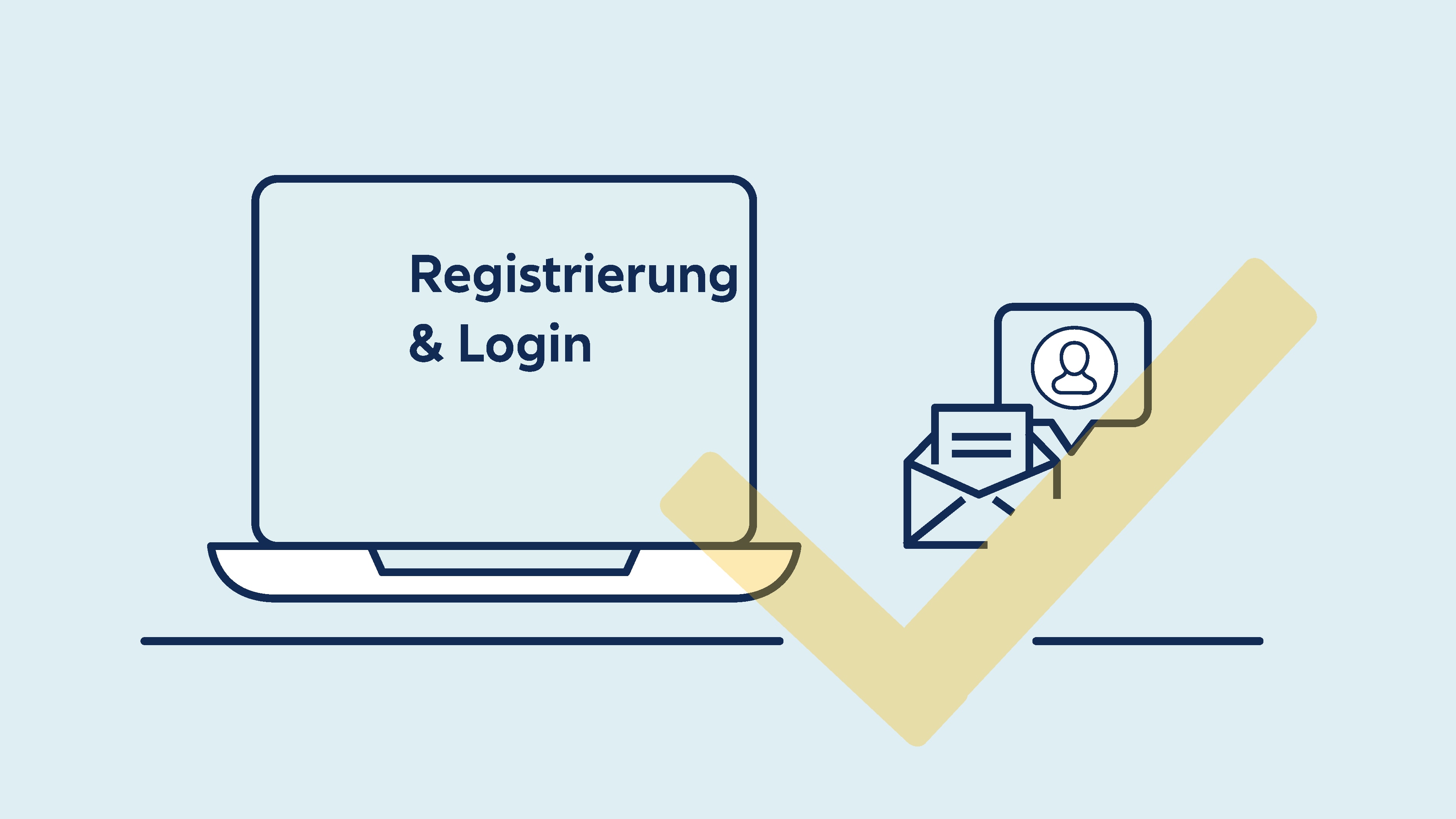 Infograpics welche die Registrierung und Login auf einem Laptop darstellen, einen Hacken und eine Mailbox