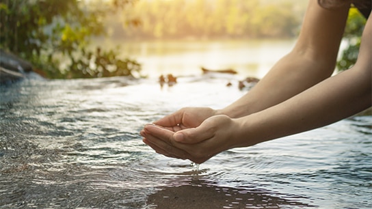Hände welche aus einem Fluss Wasser schöpfen