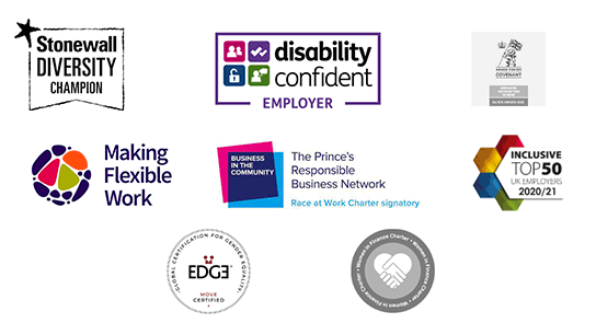 Logos of "Stonewall diversity champion", "Making Flexible Work", "Disability confident employer", "Inclusive top 50 UK employers", "The Prince's Resposible Business Network", "EDGE"
