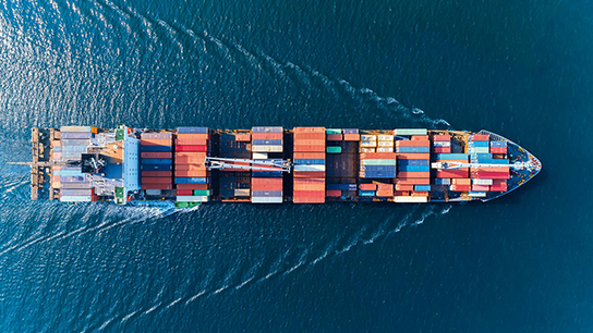 Top view of a ship with containers