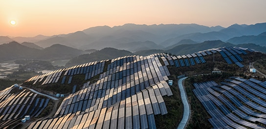 Top view of solar panels during sunset