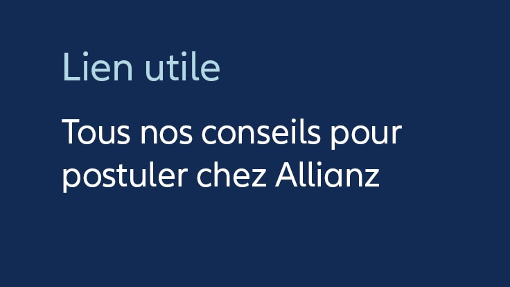 Fond bleu avec texte « Lien utile - Tous nos conseils pour postuler chez Allianz.