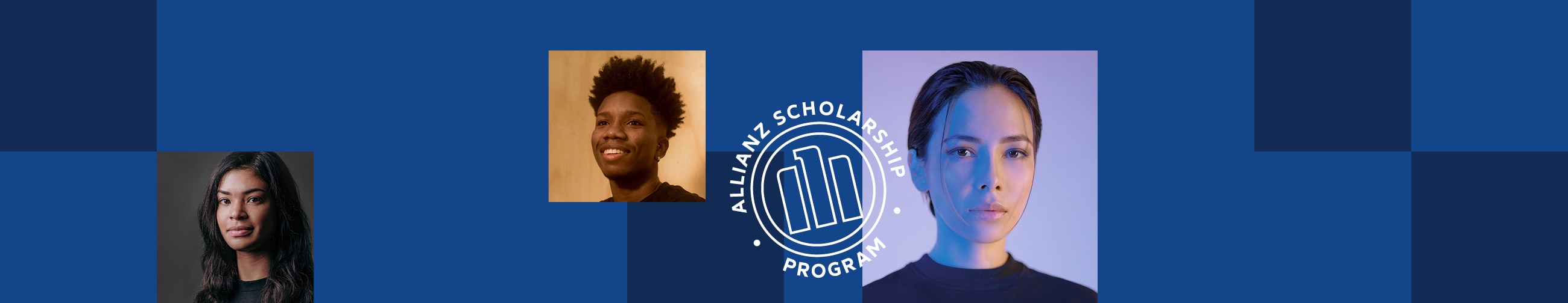 Confident, happy young colleagues with a blue background and Allianz Scholarship Program seal in the center