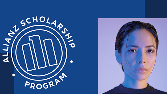 Allianz Scholarship Program banner with logo and a portrait of a young confident woman.