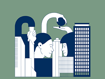 Modern Illustration of two women faces holding hands