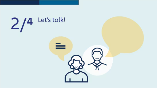 Text message stating, "Step 2 out of 4, Let's talk!," with speech bubble shape filled with text, conveying a message in a visually engaging format