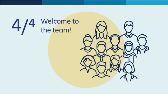 Text message stating, "Step 4 out of 4, Welcome to the team!"with digital representation of a group of employees' headshots digital illustration