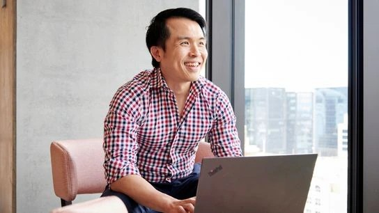 A professional happily working on a laptop, glancing outside