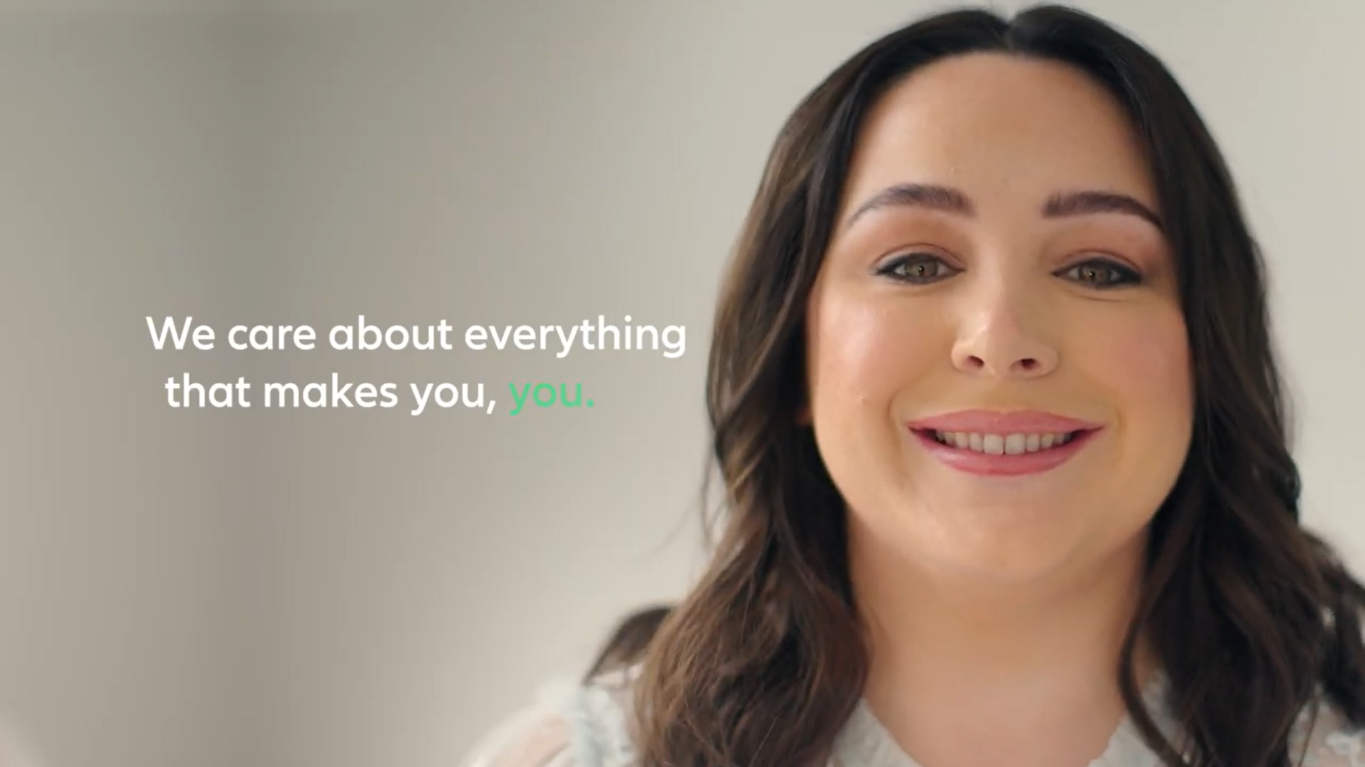 Steph smiling with text "We care about everything that makes you, you"