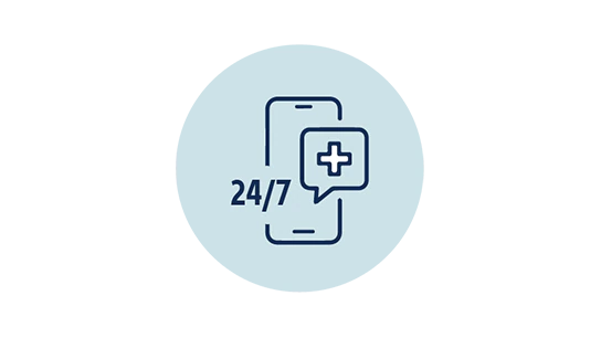 Icon of a mobile screen displaying a plus symbol and the text '24/7,' representing round-the-clock accessibility or support