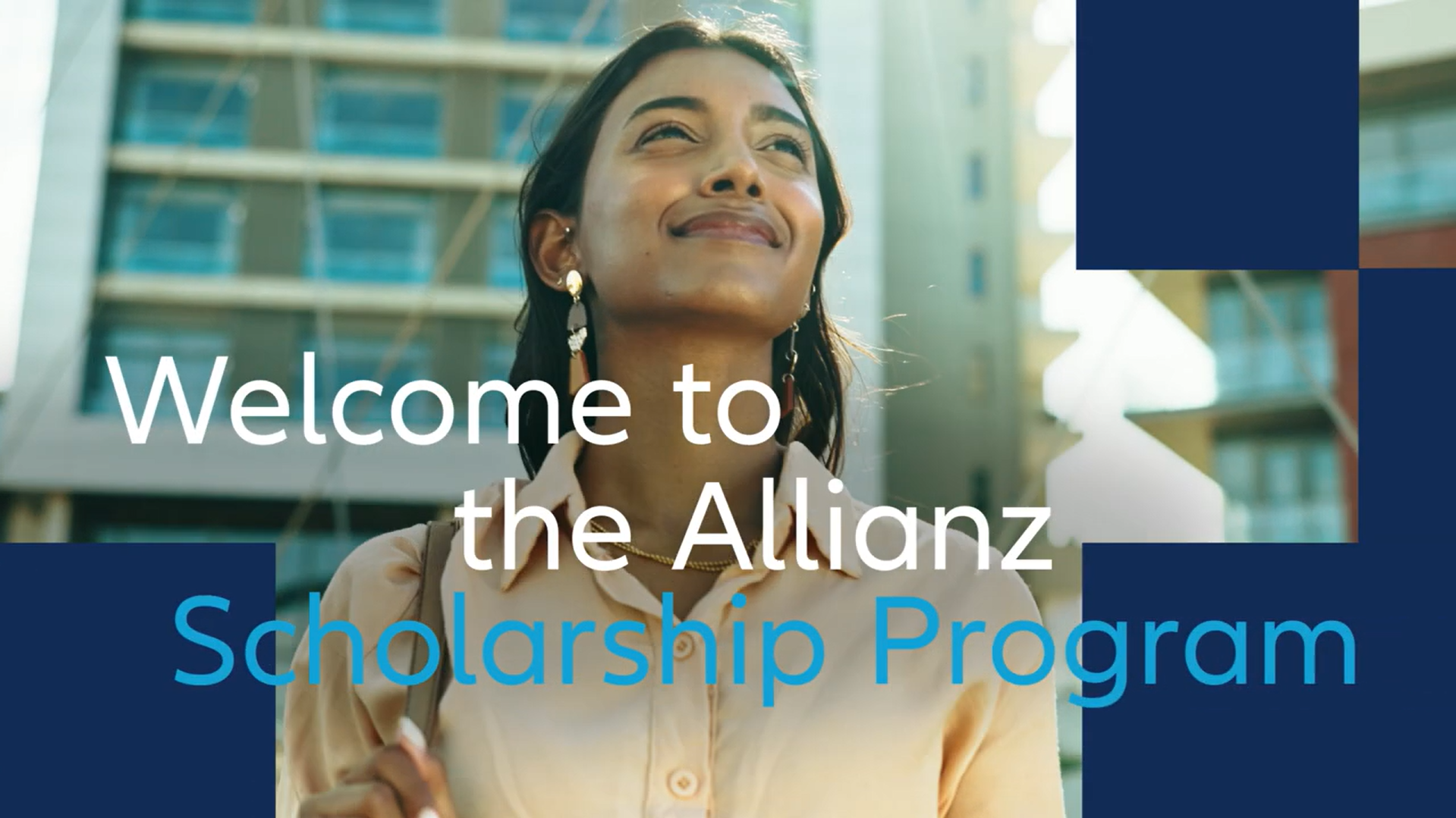 A happy young woman looking forward with overlay text "Welcome to the Allianz Scholarship Program"