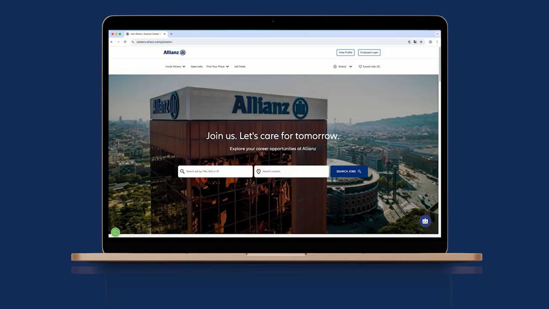 Laptop displaying Allianz careers webpage with the text ‘Join us. Let’s care for tomorrow’ on a blue background