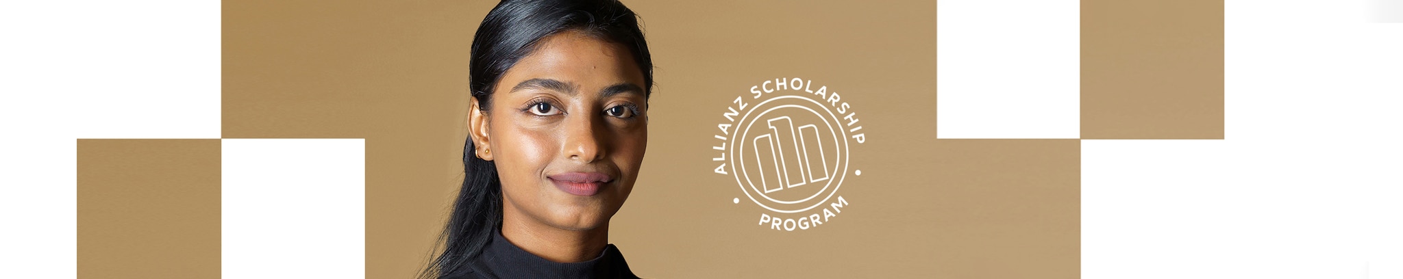 Confident smiling woman with Allianz Scholarship program seal alongside