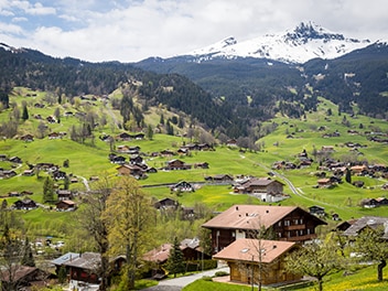 Scenic view of a Swiss alpine village with traditional wooden chalets nestled on lush green hillsides
