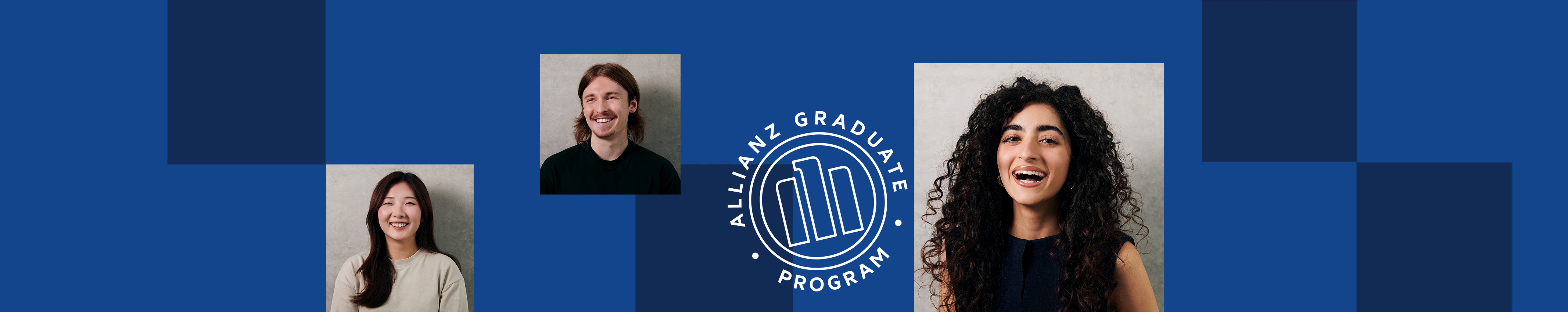 Collage of happy students in the Allianz blue background with the seal of Allianz Graduate program