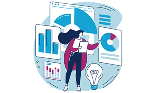 Illustration of a woman exploring charts and graphs