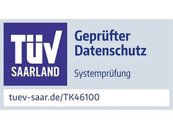 TÜV Saarland logo with text ‘Geprüfter Datenschutz, Systemprüfung’ and URL ‘tuev-saar.de/TK46100’