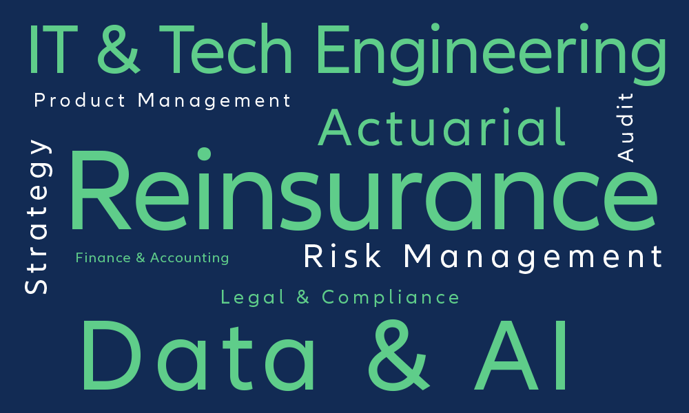 Word cloud visualizing the “Top 10 Areas of Expertise Requiring AI Skills,” featuring the terms Data & AI, IT & Tech Engineering, Risk Management, Reinsurance, Actuarial, Strategy, Legal & Compliance, Audit, Product Management, and Finance & Accounting.