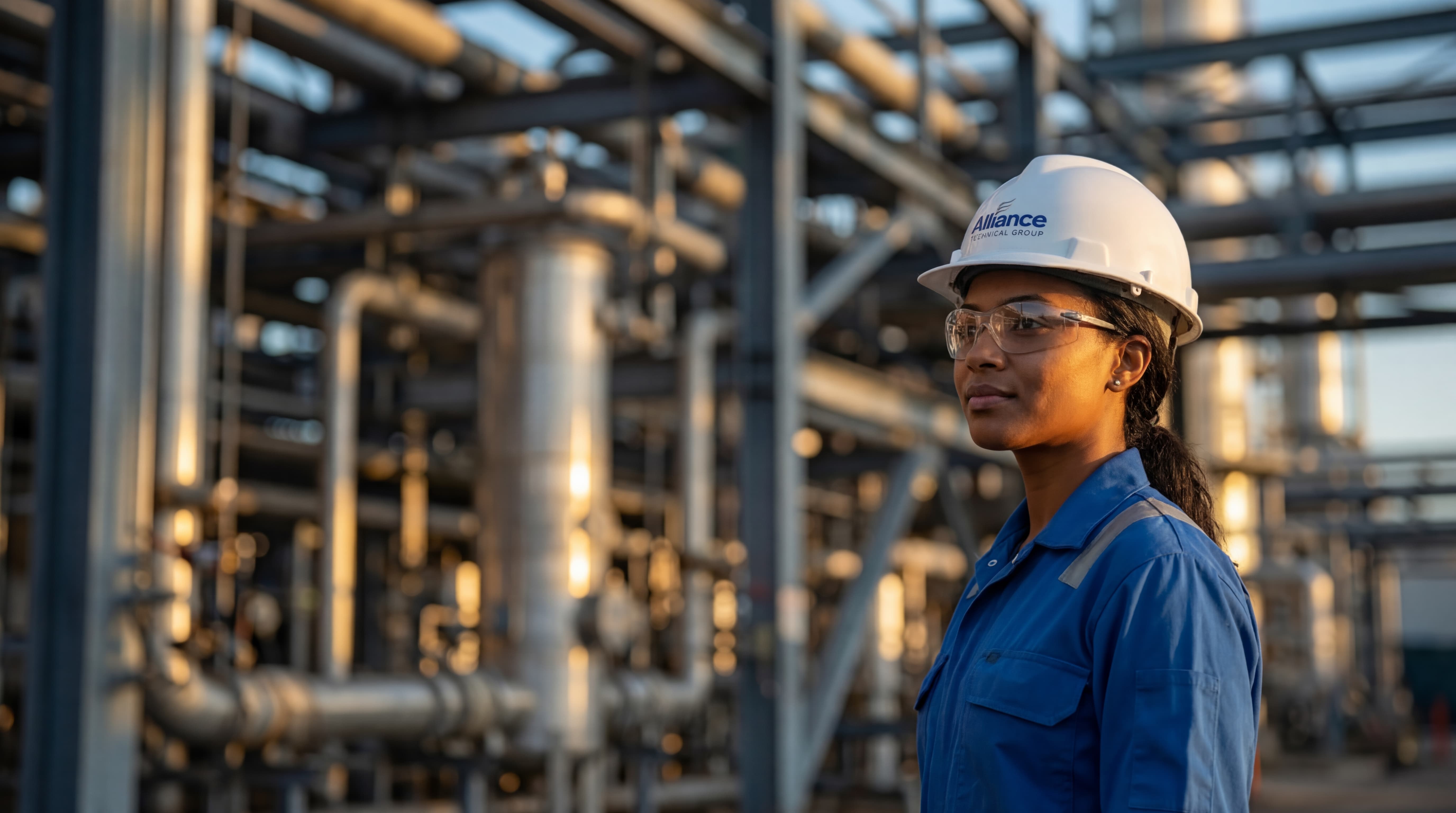 African American Female Worker Wearing Blue Coveralls, Safety Glasses, and an Alliance Technical Group white hardhat