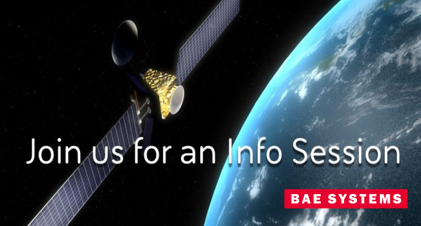 A rendering of a satellite in space. Text on graphic: Join us for an Info Session.