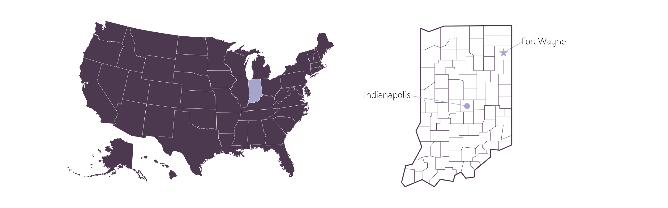 Map showing where Fort Wayne and Indianapolis are in Indiana.