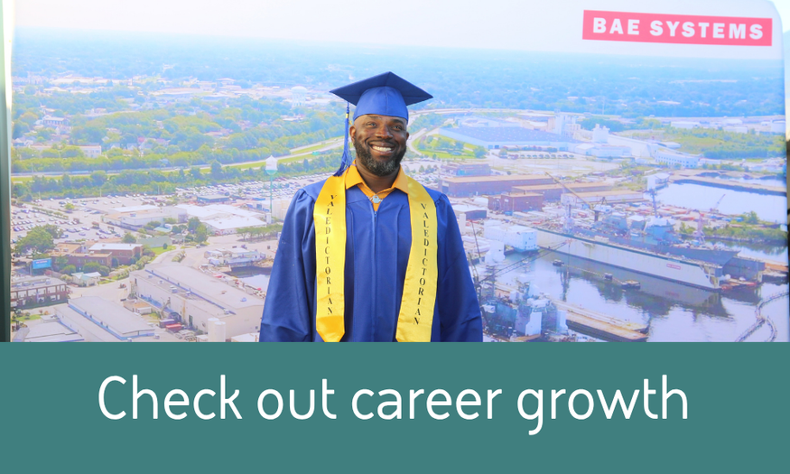 BAE Systems employee in graduation cap and gown standing in front of a shipyard, representing career growth opportunities.