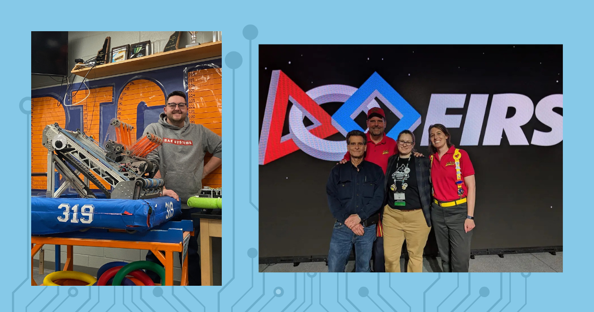 Eric (left) and Maddie (middle right), pose with their FIRST Robotics Competition robots and teams. 