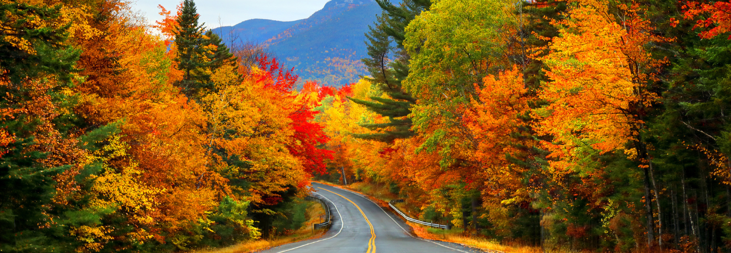 Autumn road in the White Mountains of New Hampshire in autumn.