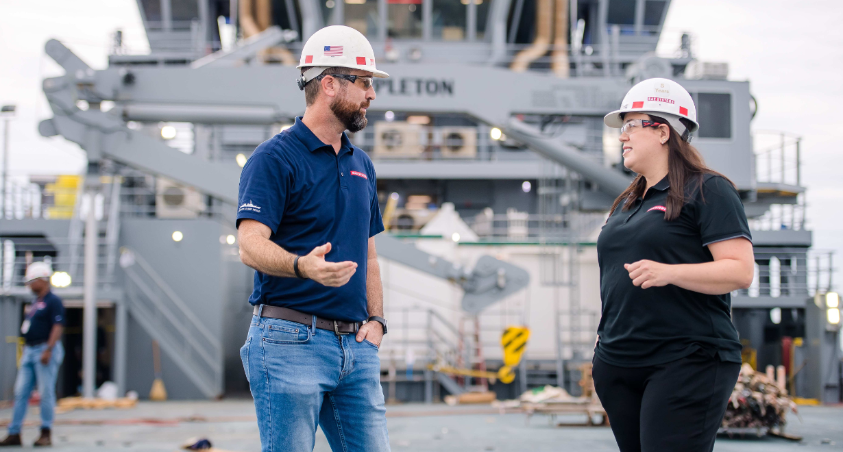 David and Sara talk work on a ship at Jacksonville Ship Repair. 
