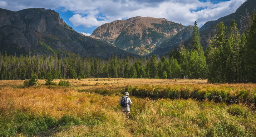 Person walking through Rocky Mountain State Park.