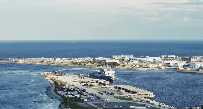 Ariel shot of a vessel.
