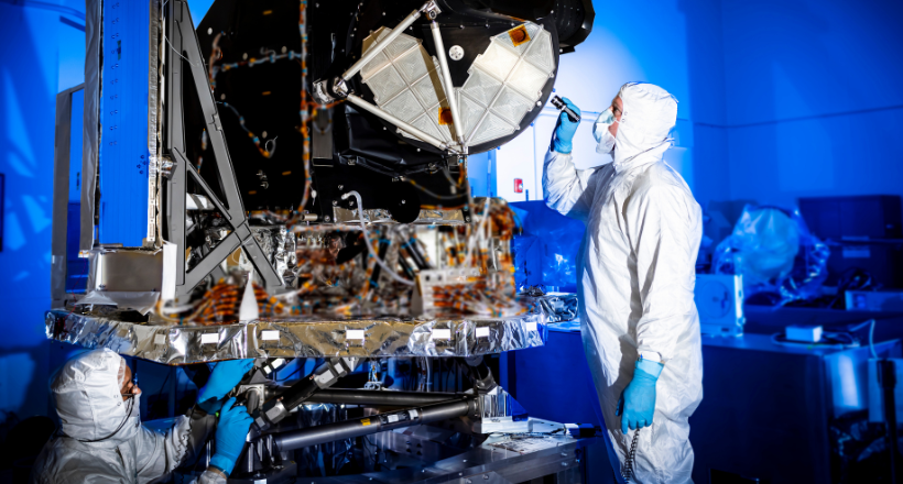 Two engineers examine a space satellite before shipping it out for launch.