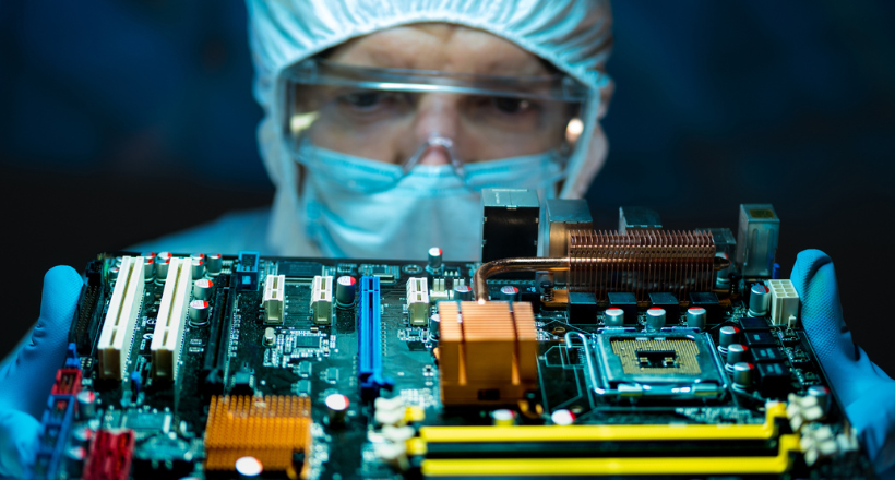 Engineering and Technology work. Mechanical electronics engineer at work in a laboratory wearing protective suit and goggles. Maintenance and repair of computer hardware service concept