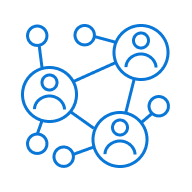 A blue icon image depicting three profile icons connected by a web of lines and circles