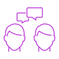 A purple icon image depicting two heads speaking to one another with speech bubbles