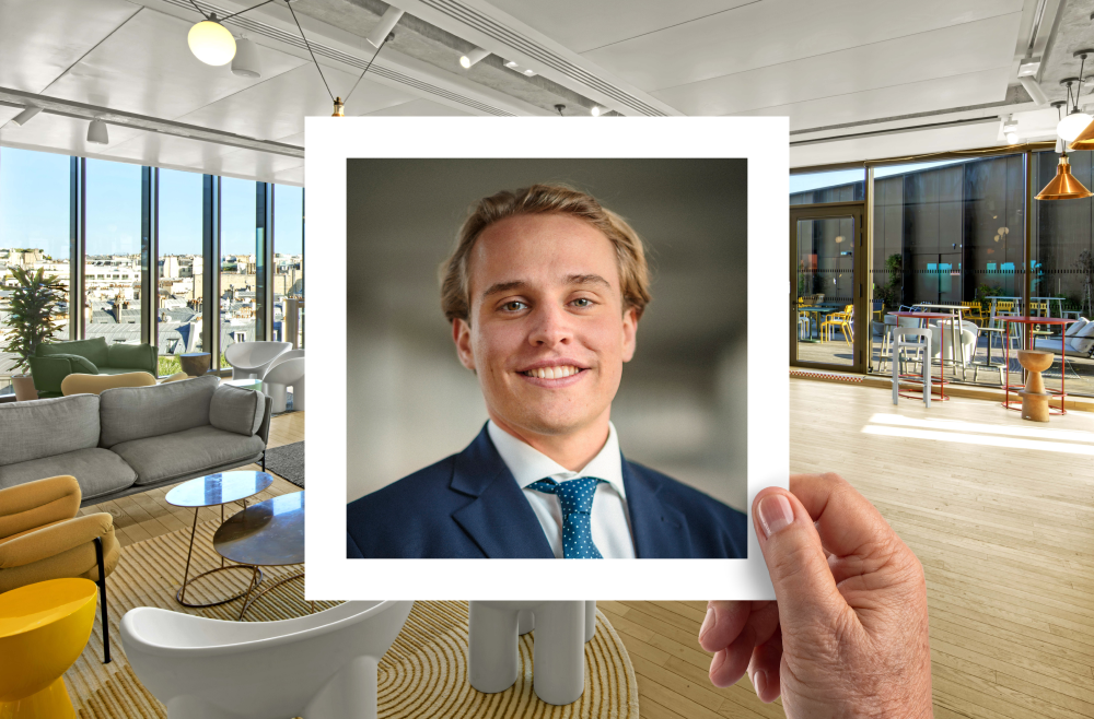 Photo of Daan Rustige in a frame polaroid set over a background image of a BCG office.