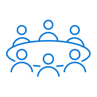 A blue icon depicting six figures seated around a table