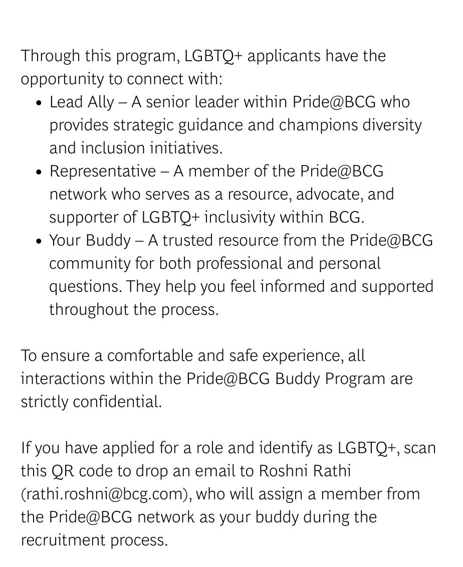 ThroughthisprogramLGBTQapplicantshavetheopportunitytoconnectwithLeadAlly–AseniorleaderwithinPride@BCGwhoprovidesstrategicguidanceandchampionsdiversityandinclusioninit2