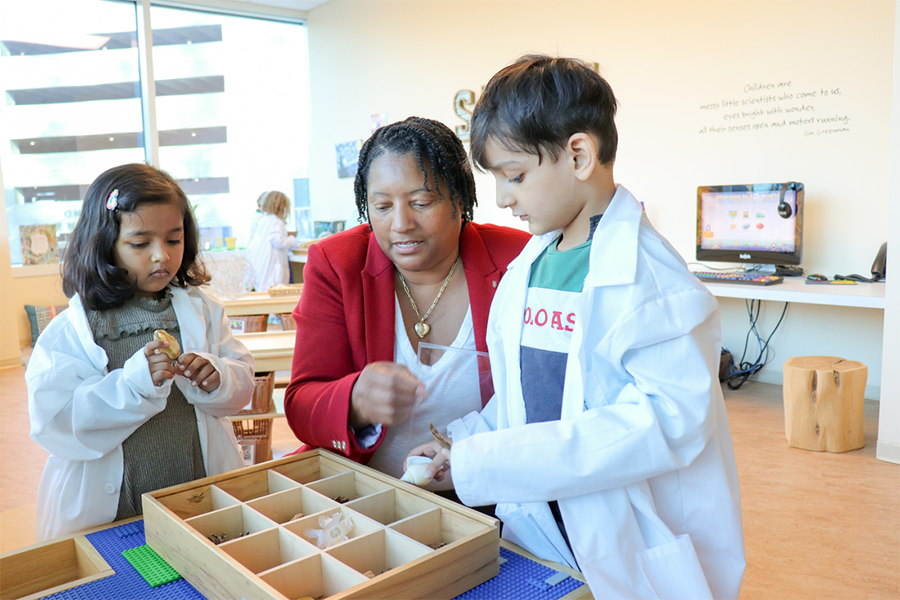 Adult and children exploring objects in a wooden sorting tray.
