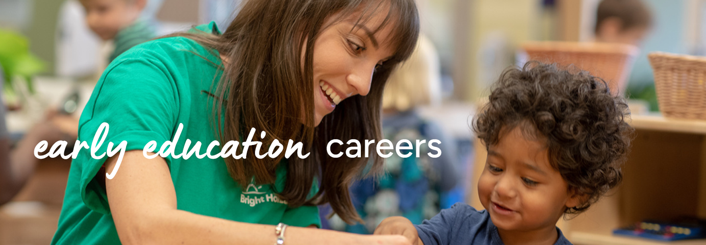 Woman engaging with a young child in a Bright Horizons classroom, promoting early education careers.