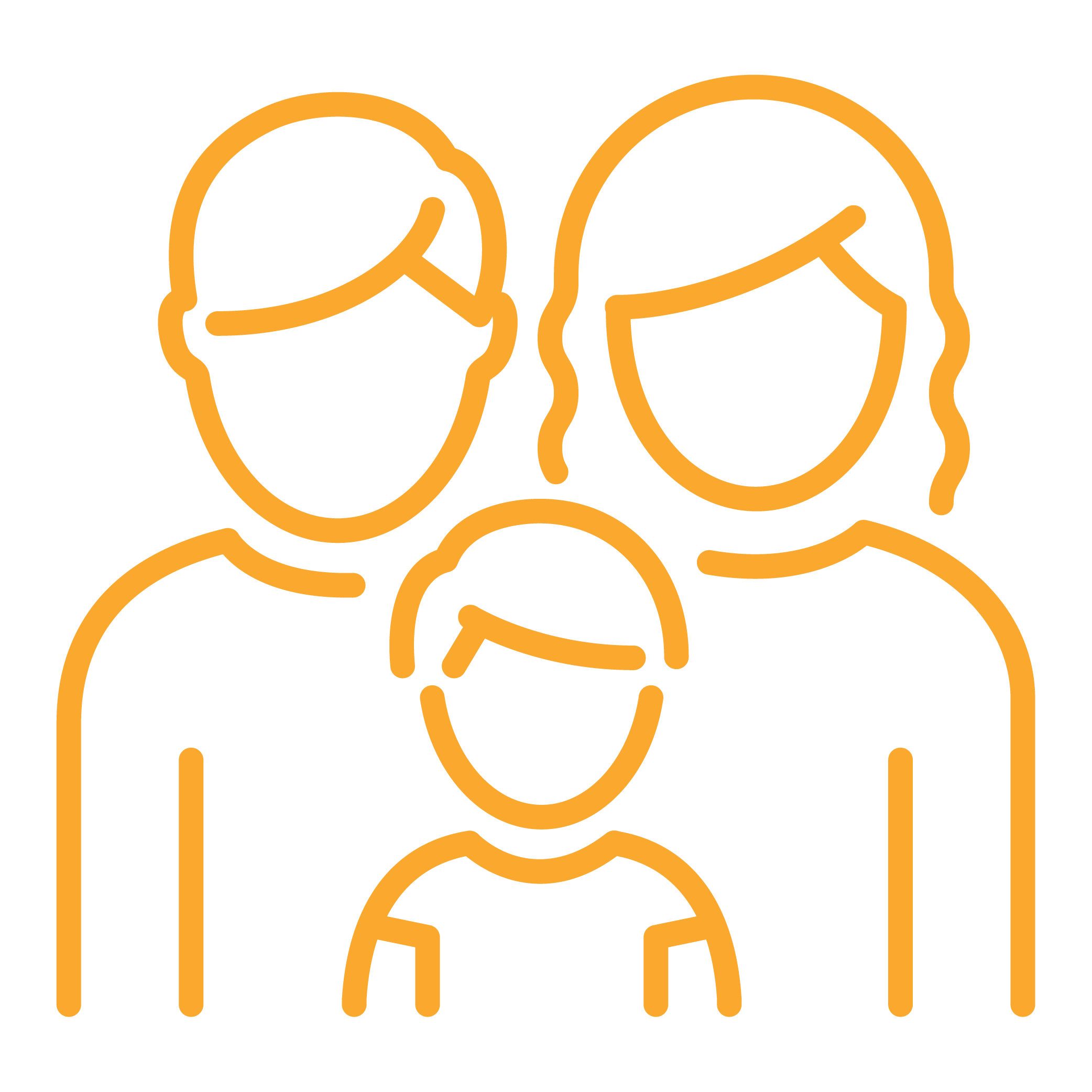 Orange family icon showing two adults and one child, symbolizing family or dependents.