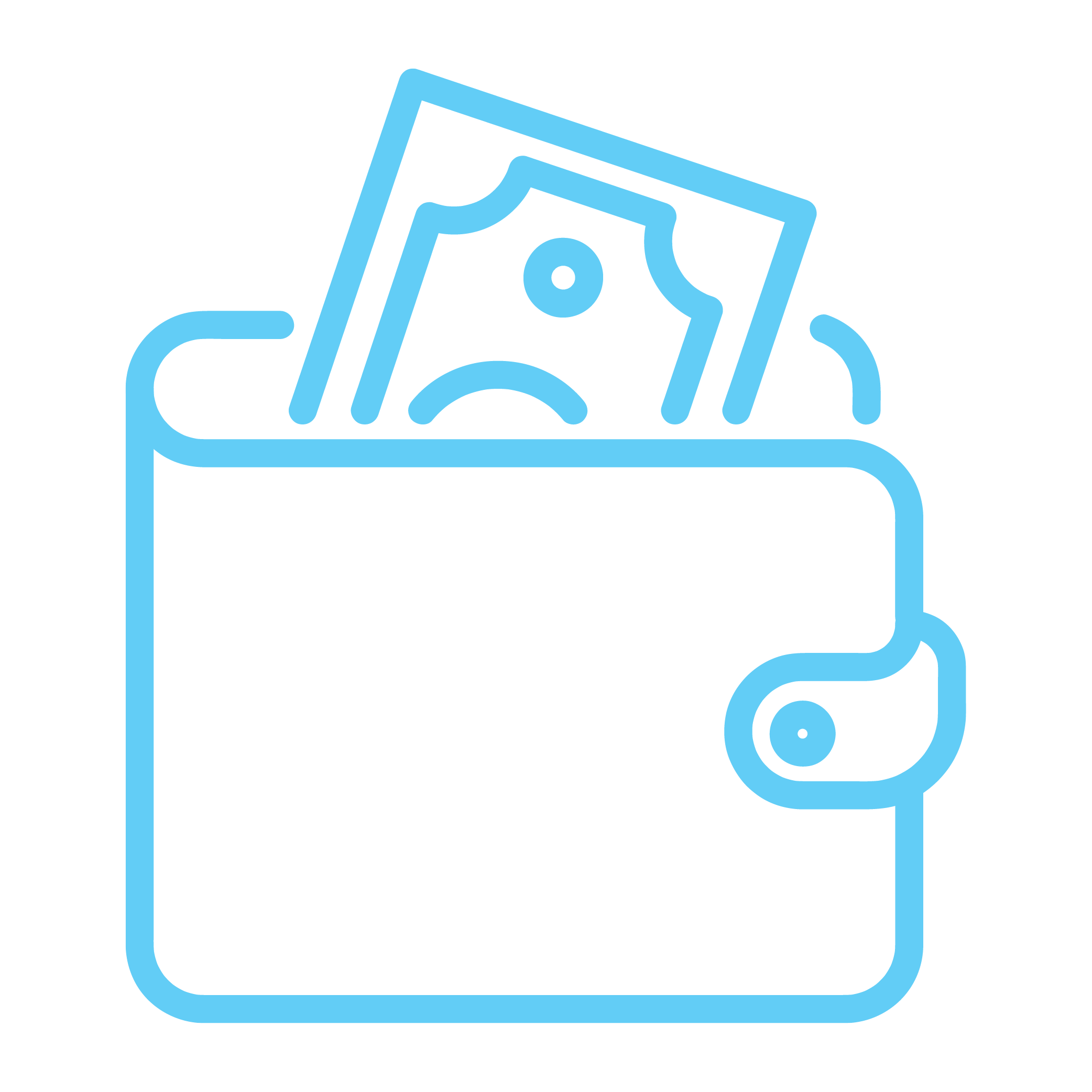 Light blue wallet icon with a banknote inside, symbolizing money, finance, or payment.
