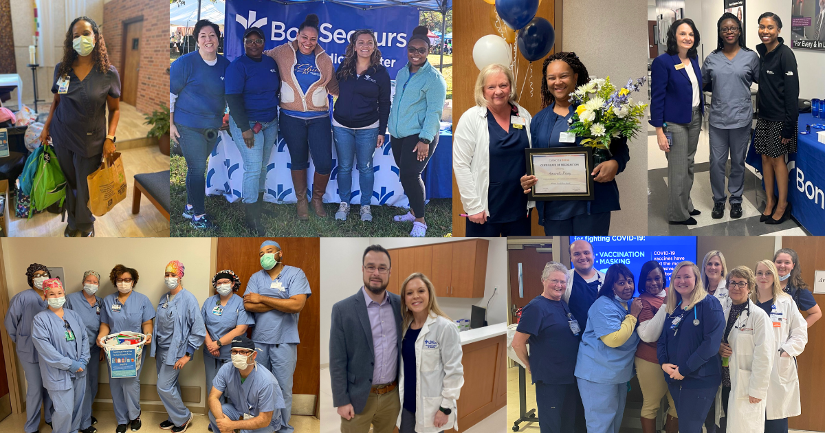 Clinical and non-clinical professionals in a collage of photos some in scrubs some in business casual smiling and looking at the camera in a hospital setting