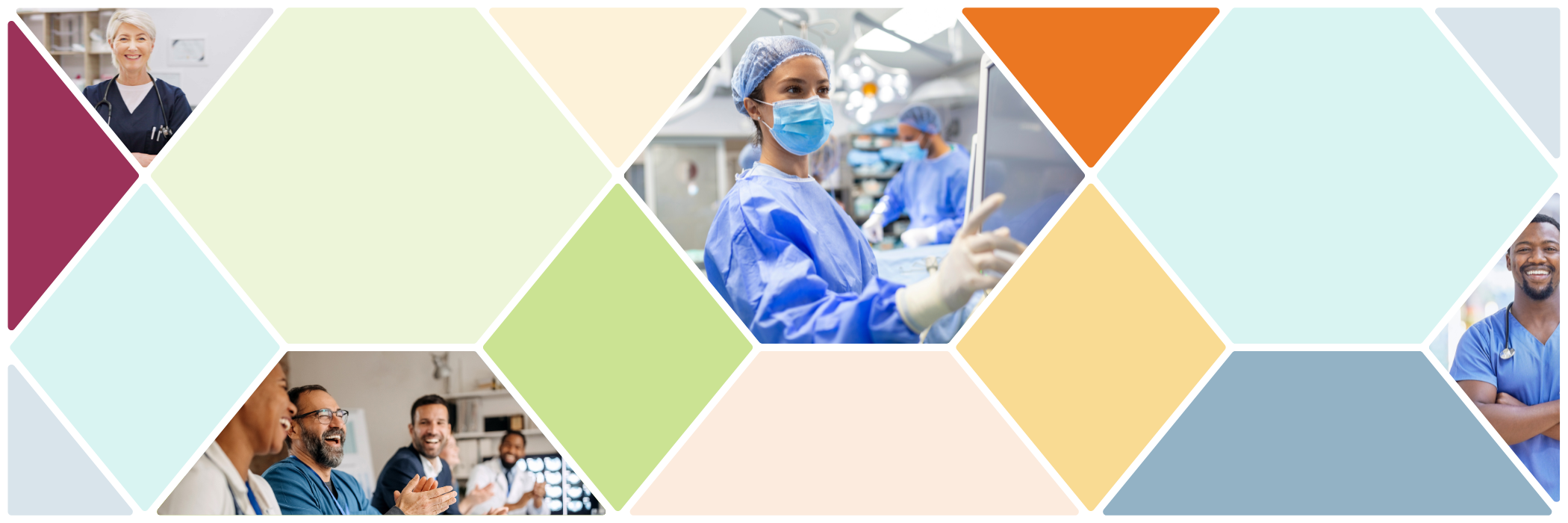 A colorful geometric banner featuring diverse health care professionals collaborating, caring for patients and working as a team in a warm, welcoming environment.