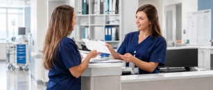 Two health care associates in navy blue scrubs exchanging a clipboard while collaborating at a clinical workstation, demonstrating teamwork and communication in a patient care setting.