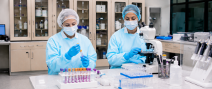Two laboratory professionals wearing protective equipment analyze samples and use a microscope in a clinical laboratory.